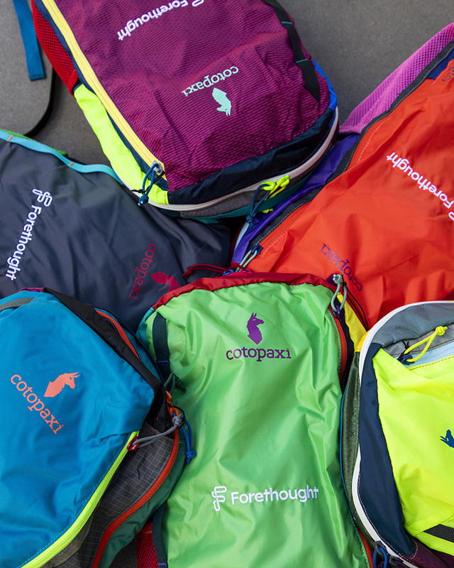 Custom branded Cotopaxi backpack embroidered for Forethought by Swagger.