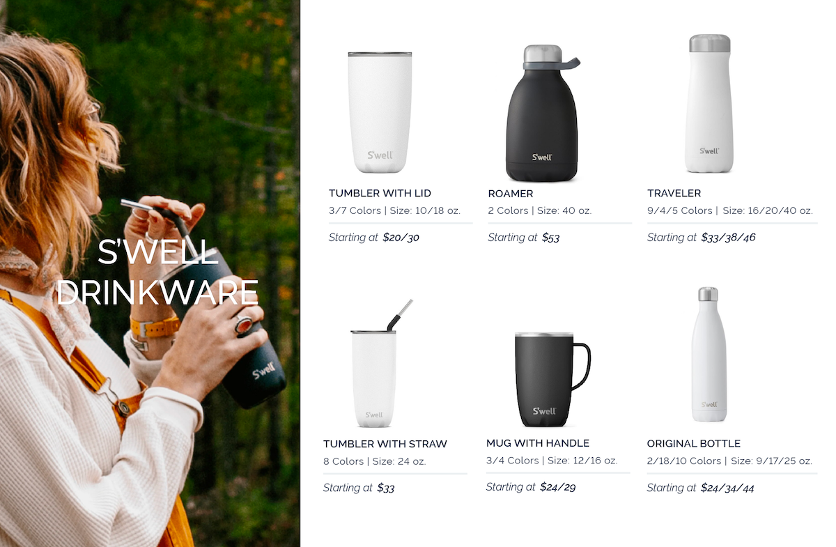 An assortment of S’well Drinkware custom swag options by Swagger, including tumblers, mugs, and water bottles.