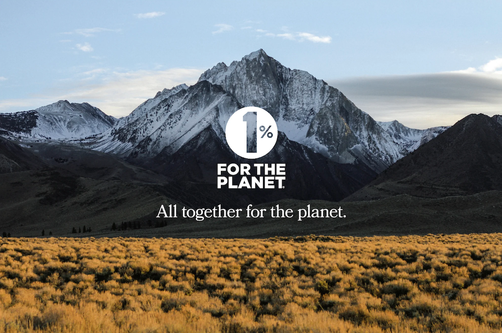 Image of 1% for the Planet logo in front of a snowy mountain top.
