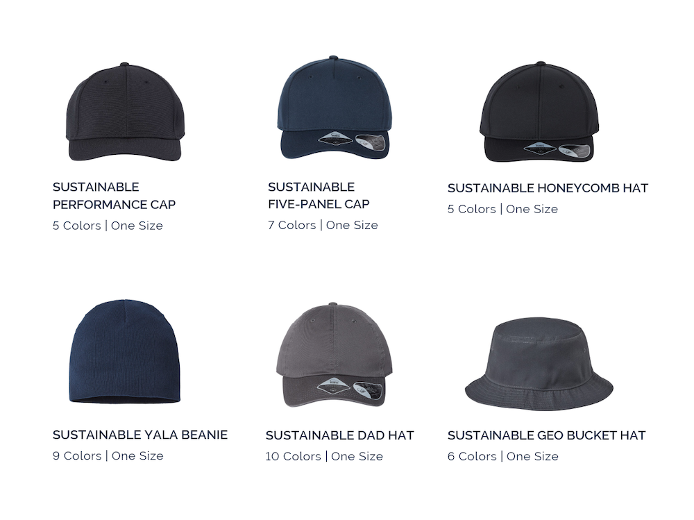 Atlantis’s collection including the Sustainable Performance Cap, Sustainable Five-panel Cap, Sustainable Honeycomb Hat, Sustainable Yala Beanie, Sustainable Dad Hat, and Sustainable Geo Bucket Hat curated by Swagger