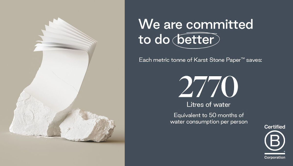 Stone turning into the innovative paper in Karst notebooks with graphic saying “We are committed to do better. Each metric tonne of Karst Stone Paper saves 2770 litres of water, equivalent to 50 months of water consumption per person. Certified B Corporation.