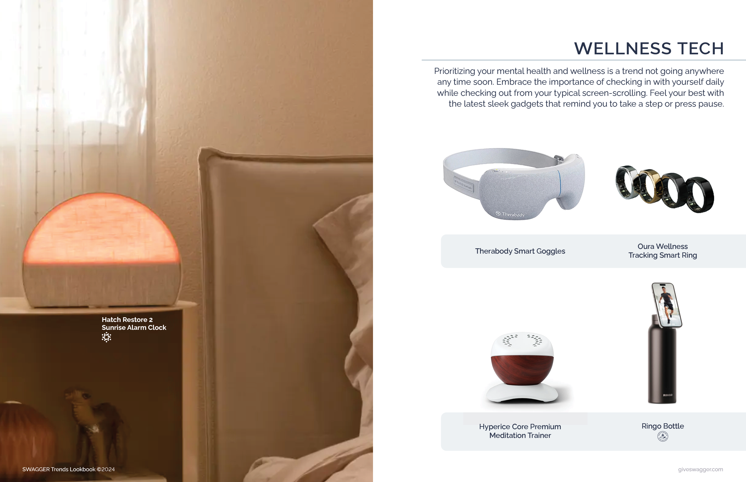 Featured images of company branded swag Hatch Restore 2 Sunrise Alarm Clock, Therabody Smart Goggles, Oura Wellness Tracking Smart Ring, Hyperice Core Premium Meditation Trainer, and Ringo Bottle curated by Swagger.