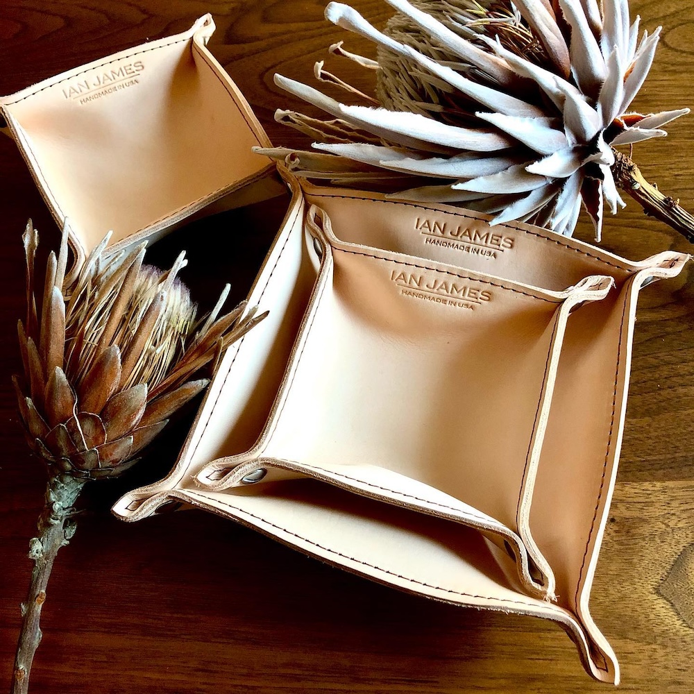 Image of Ian James Leather catch-all trays next to dried flowers.