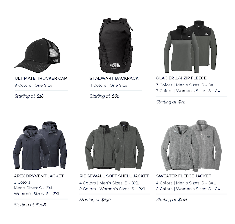 Product images of Northface branded merch options, including Apex Duffel bag, Apex Dryvent Jacket, Ridgewall Soft Shell Vest, Ultimate Trucker Cap, Ridgewall Softshell Jacket, and Sweater Fleece Jacket.