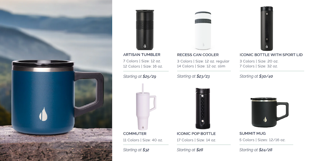 Elemental custom drinkware including the Artisan Tumbler, Recess Can Cooler, Iconic Bottle With Sport Lid, Commuter cup with straw, Iconic Pop Bottle, and Summit Mug