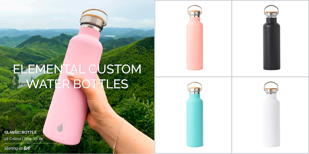 Choose from 16 assorted colors of Elemental custom branded 25oz water bottles for your branded merchandise.