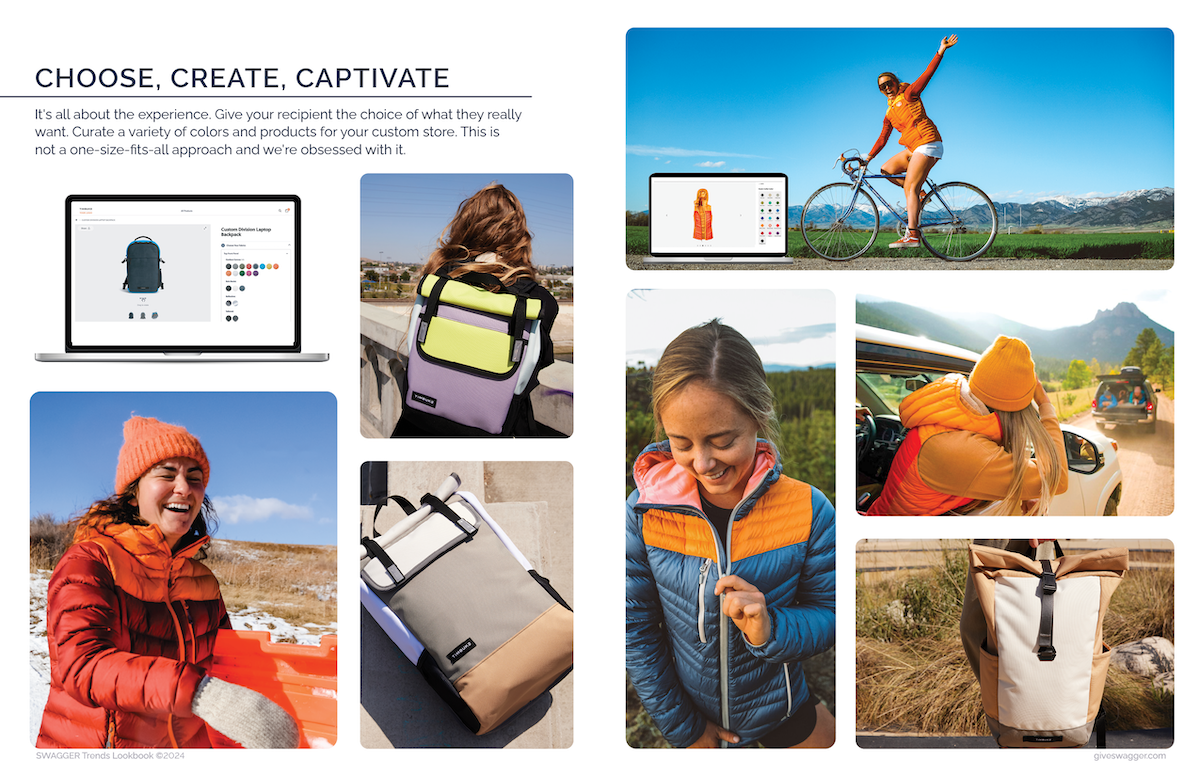 Images are custom HEXA and Timbuk2 backpacks with computer display demonstrating several colors and options that each gift recipient can personalize curated by Swagger.