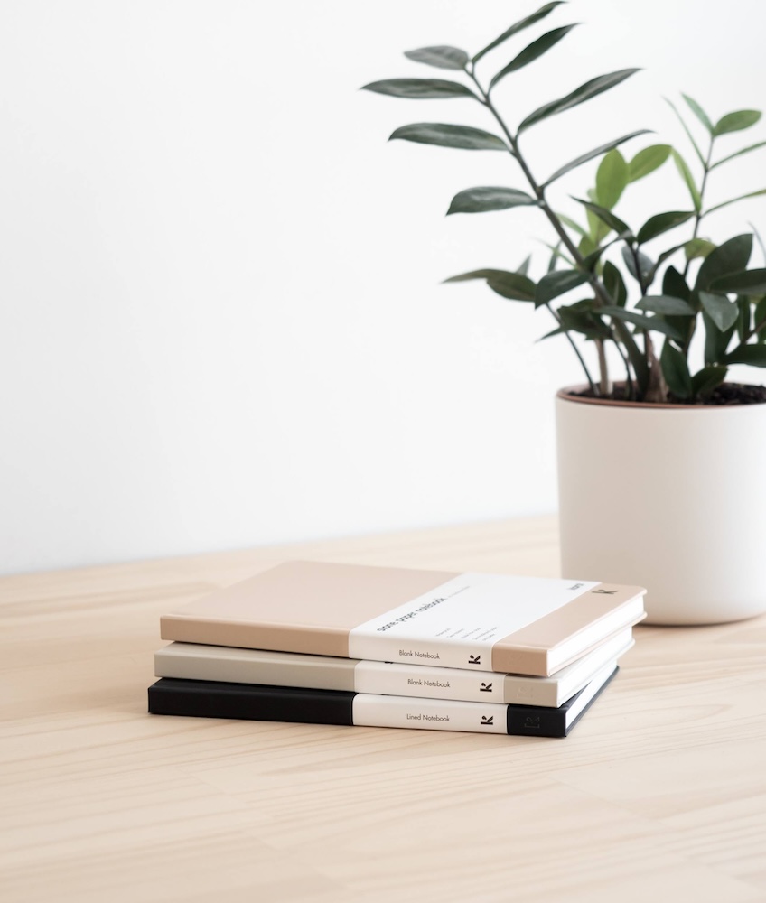 Three different colors of K’arst notebooks in front of a plant on a desk curated by Swagger