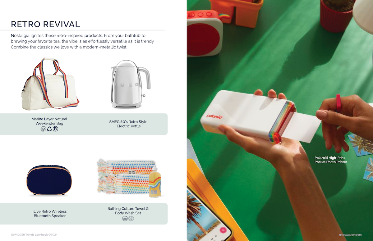 Featured custom swag images of Polaroid High-Print Pocket Photo Printer, Marine Layer Weekender Bag/Natural, SMEG 50's Retro Style Electric Kettle, iLive Retro Wireless Bluetooth Speaker, and Bath Culture Towel & Body Wash Set curated by Swagger.