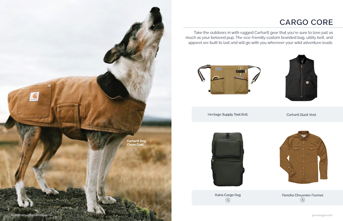 Featured images of company branded swag Heritage Supply Tool Belt, Carhartt Duck Vest, Rains Cargo Bag, Poncho Cheyenne Flannel, and Carhartt Dog Chore Coat by Swagger.