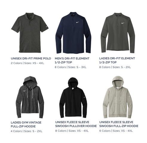 Image of Nike Unisex Dri-Fit Prime Polo, Men’s Dri-Fit Element ½-Zip Top, Ladies Dri-Fit Element ½-Zip top, Ladies Gym Vintage Full-Zip Hoodies, Unisex Fleece Sleeve Swoosh Pullover Hoodie, Unisex Fleece Swoosh Full-Zip Hoodie, designed and curated by Swagger.