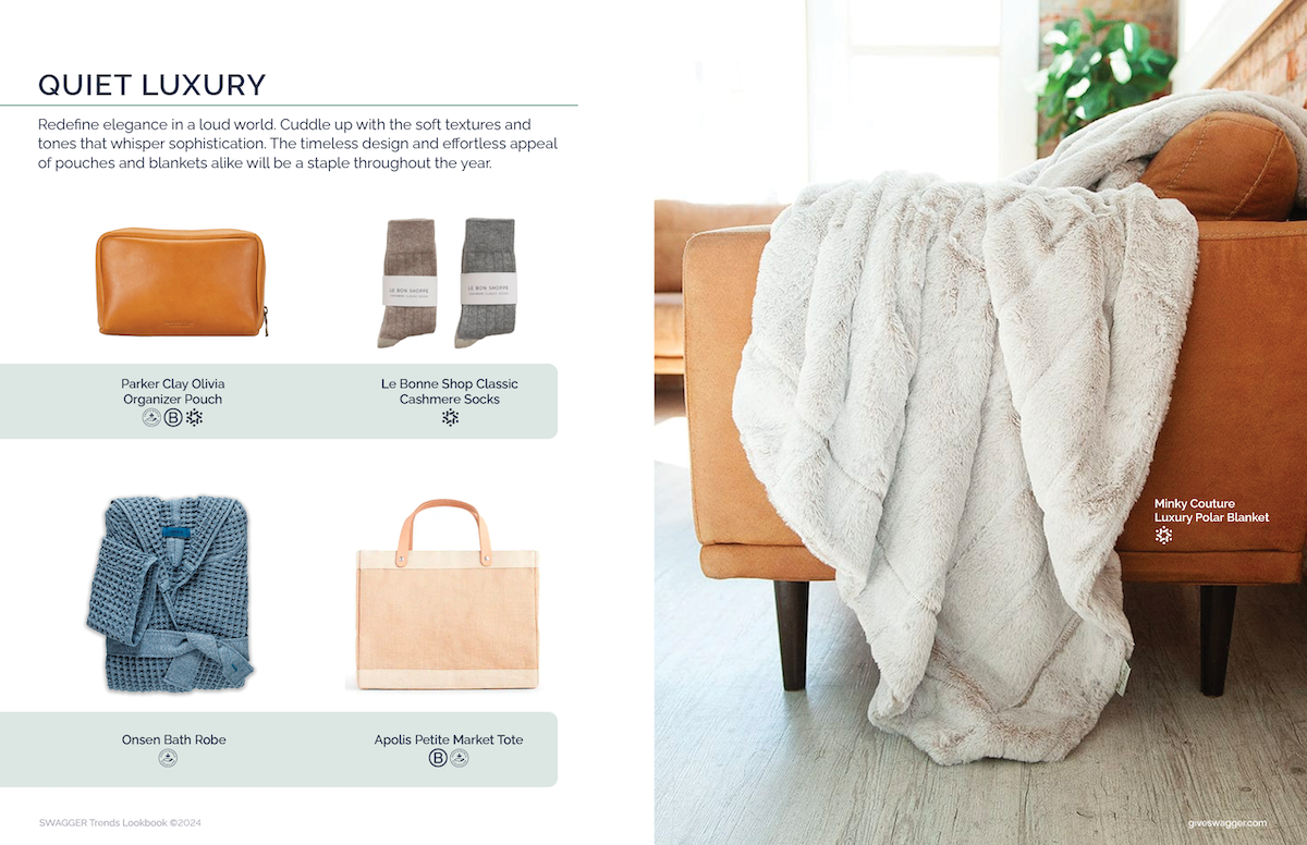 Images include Minky Couture Luxury Polar Blanket, Parker Clay Olivia Organizer Pouch, Le Bonne Shop Classic Cashmere Socks, Onsen Bath Robe, and Apolis Market Tote curated custom swag by Swagger.