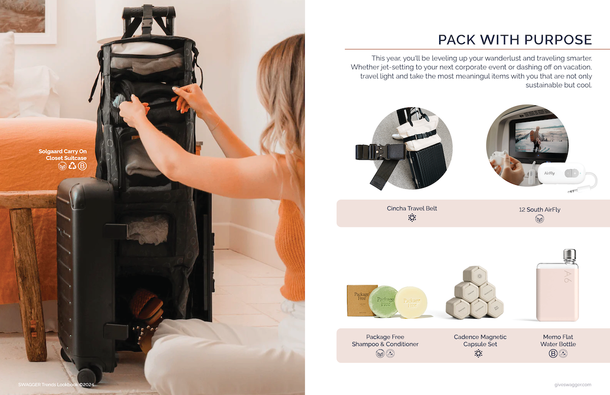 Images include featured products Solgaard Carry On Closet Suitcase, Cincha Travel Belt, 12 South AirFly, Package Free Shampoo & Conditioner, Cadence Magnetic Capsule Set, and Memo Flat Water Bottle designed by Swagger.