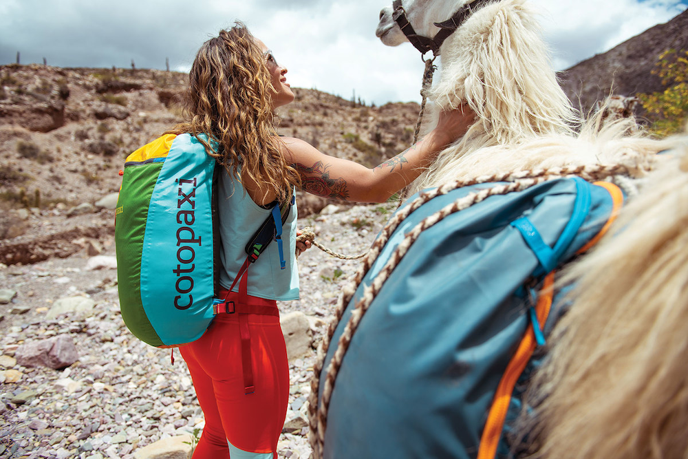 Woman petting a llama wearing the Cotopaxi Botoc Backpack can be designed and curated by Swagger.