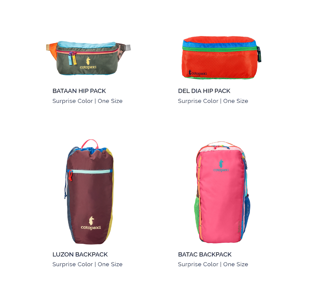 Image of an assortment of Cotopaxi products by Swagger, including the Cotopaxi Batac Backpack, Luzaon Backpack, Bataan Hip Pack, and Del Dia Hip Pack.