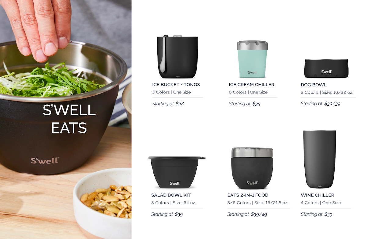 A new custom swag line by S’well called S’well Eats with an assortment of bowls, food prep containers, and chillers curated by Swagger.