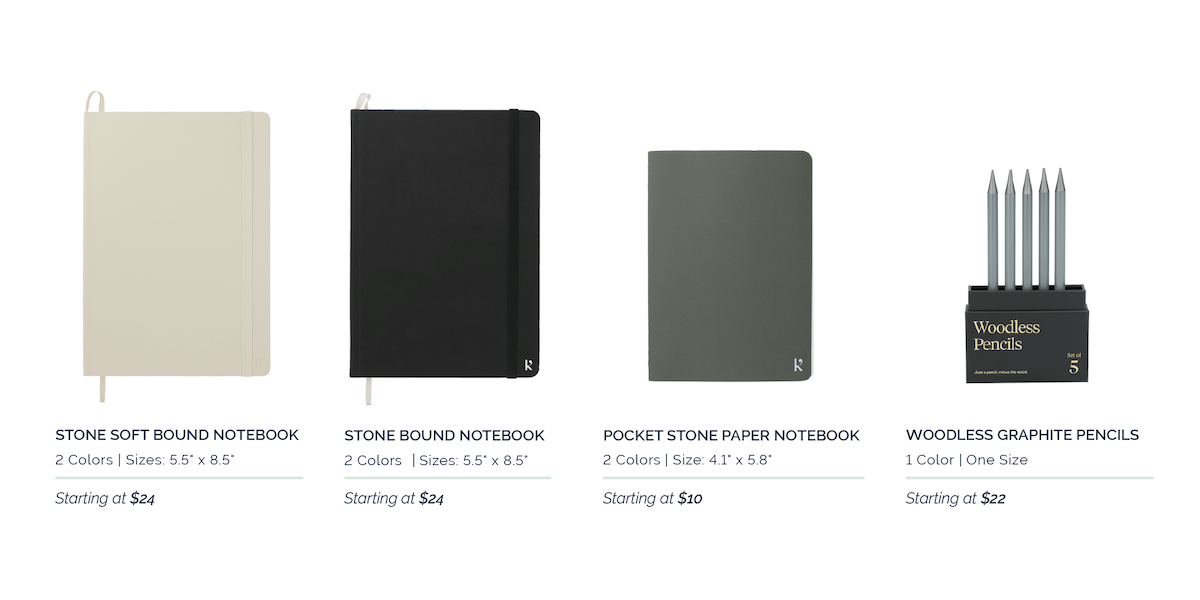 Product images of Karst Stone Bound Notebooks in 2 colors starting at $24, Pocket Stone Paper Notebook starting at $10, and Woodless Graphite Pencils starting at $22, curated by Swagger.