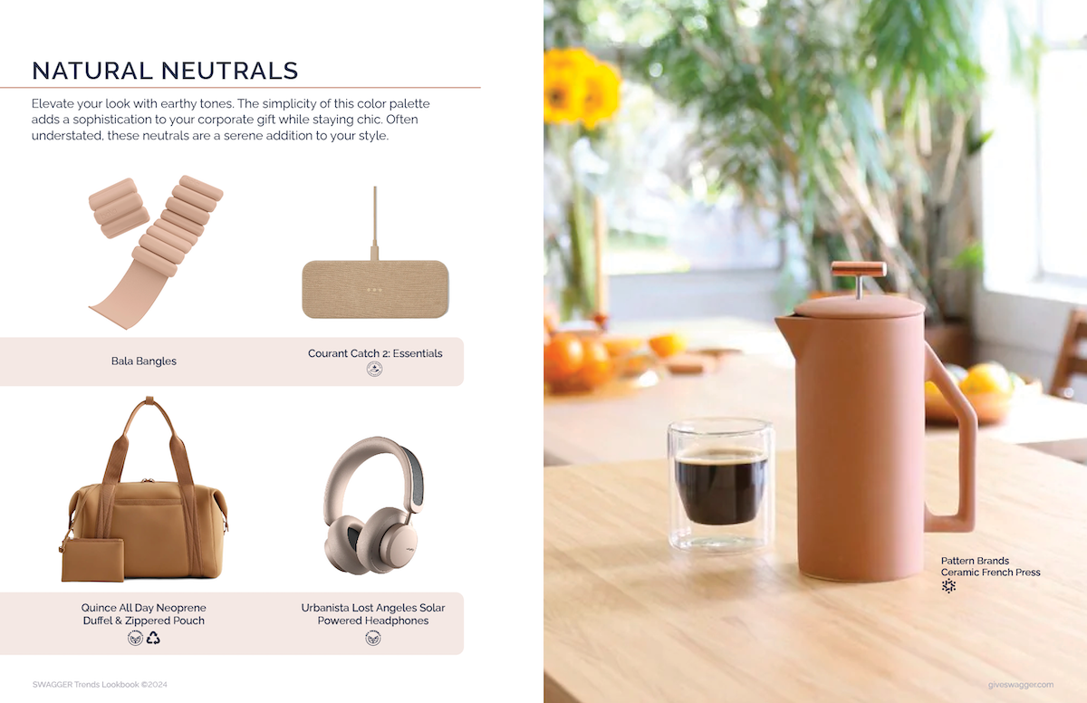 Products images featured are Pattern Brands Ceramic French Press, Bala Bangles, Courant Catch 2: Essentials, Quince All Day Neoprene Duffel & Zippered Pouch, and Urbanista Lost Angeles Solar Powered Headphones curated by Swagger.