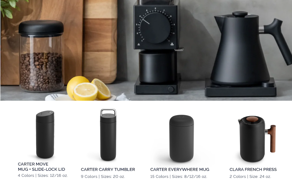 Assortment of Fellow coffee essentials all curated and custom branded by Swagger.